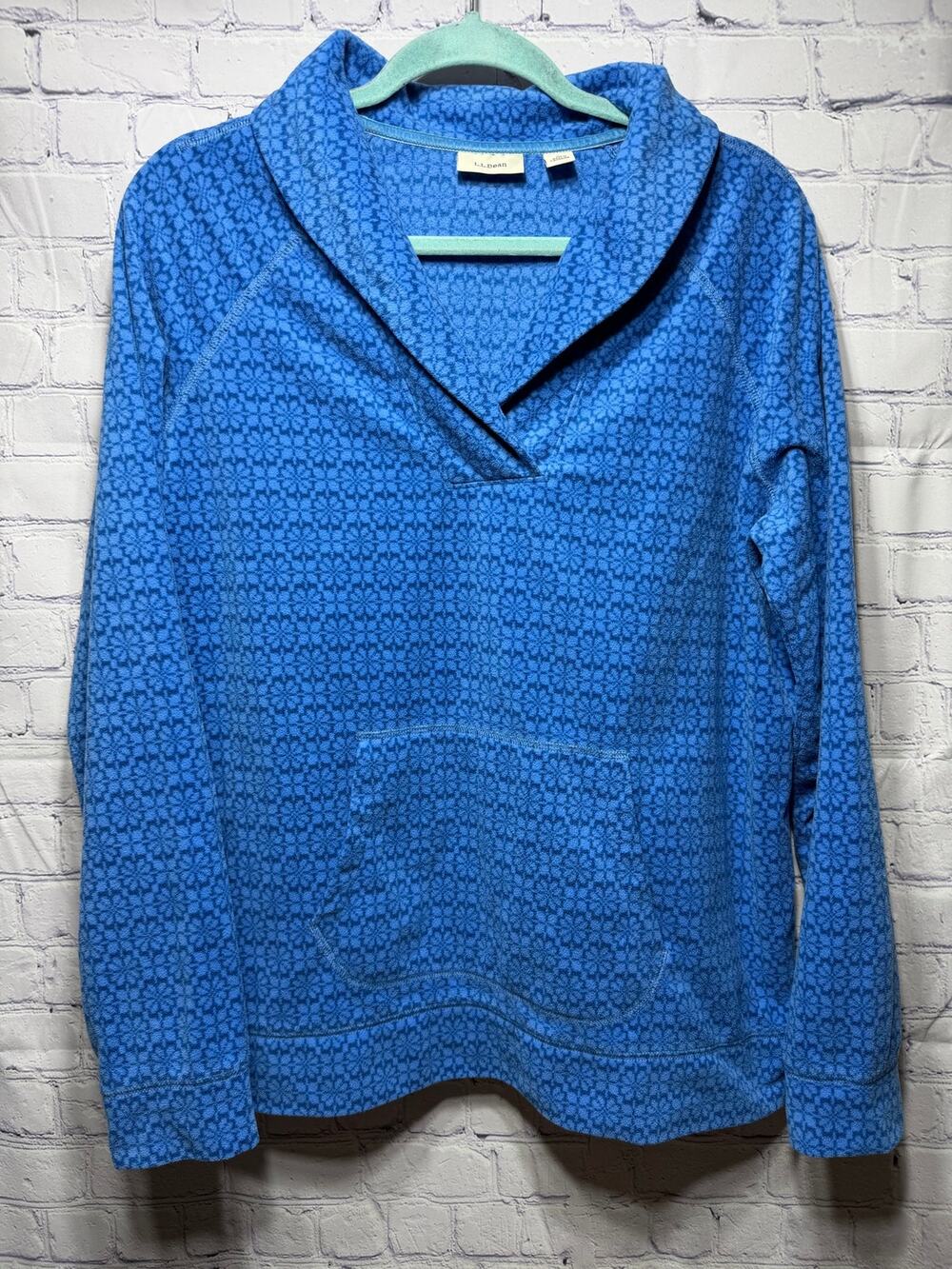 L.L.Bean Printed Lightweight Fleece V-Neck Pullover Blue Sz L